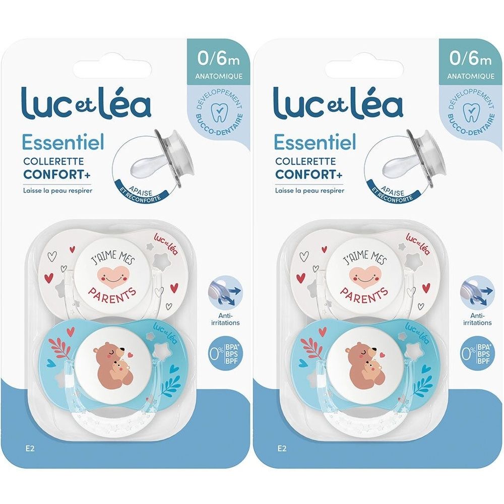 Deux ensembles de sucettes Luc et Léa. Chaque ensemble contient deux sucettes. Motifs : J'aime mes parents et Petit ours.