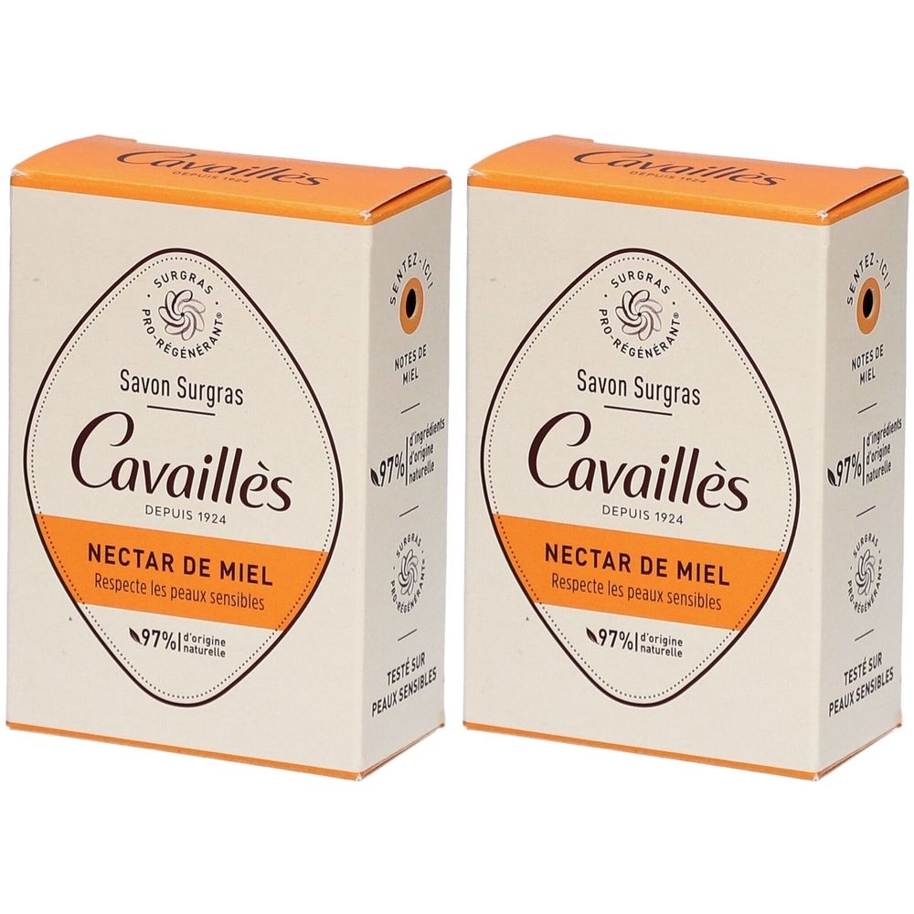 Deux boîtes rectangulaires. Inscription : Cavaillès Savon Surgras Nectar de Miel. Emballage orange et blanc. 97% d'ingrédients naturels.