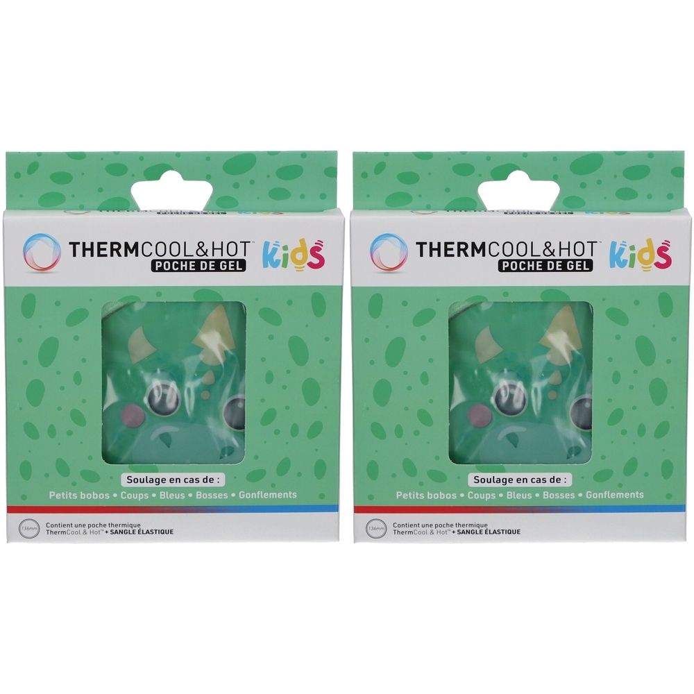 Deux boîtes ThermCool&Hot Kids. Chaque boîte montre un dragon vert. Texte: POCHE DE GEL, Kids, Soulage en cas de.
