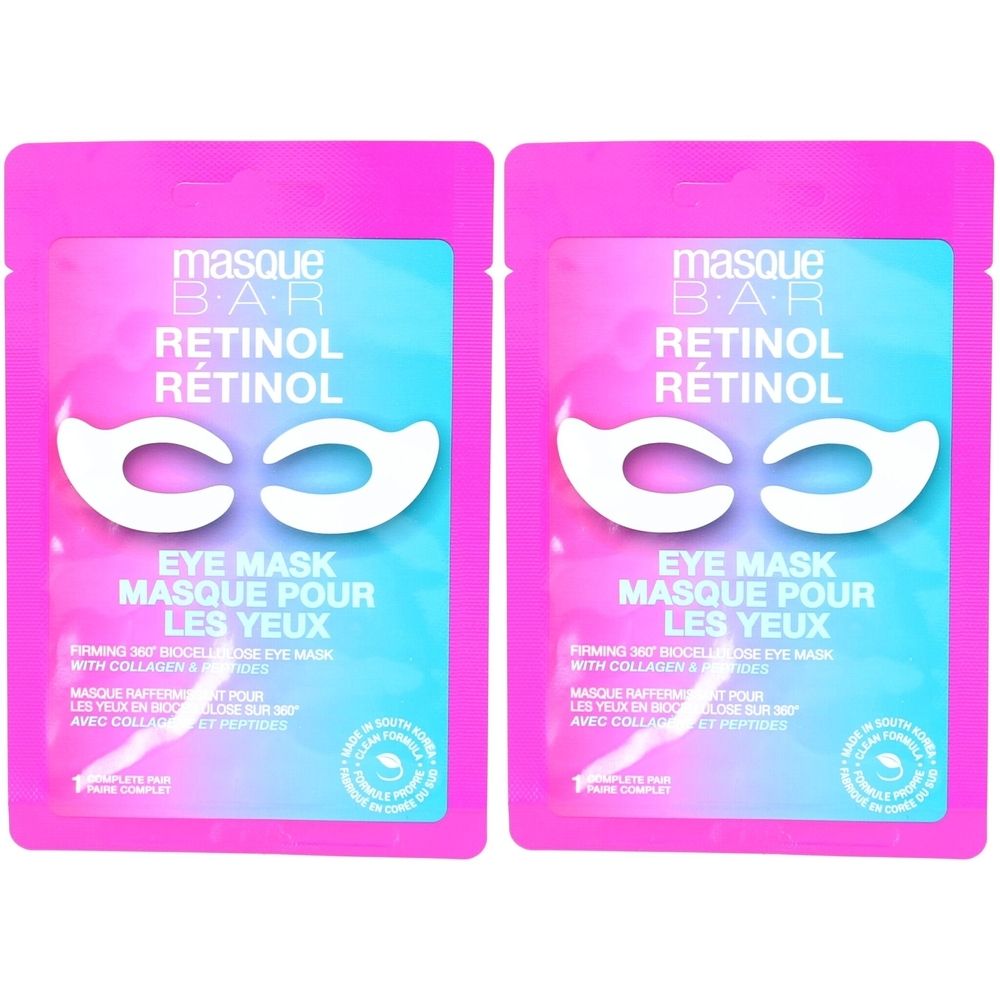 Deux sachets de masque pour les yeux. Inscription: masque BAR RETINOL, EYE MASK MASQUE POUR LES YEUX. Formes blanches de masques.