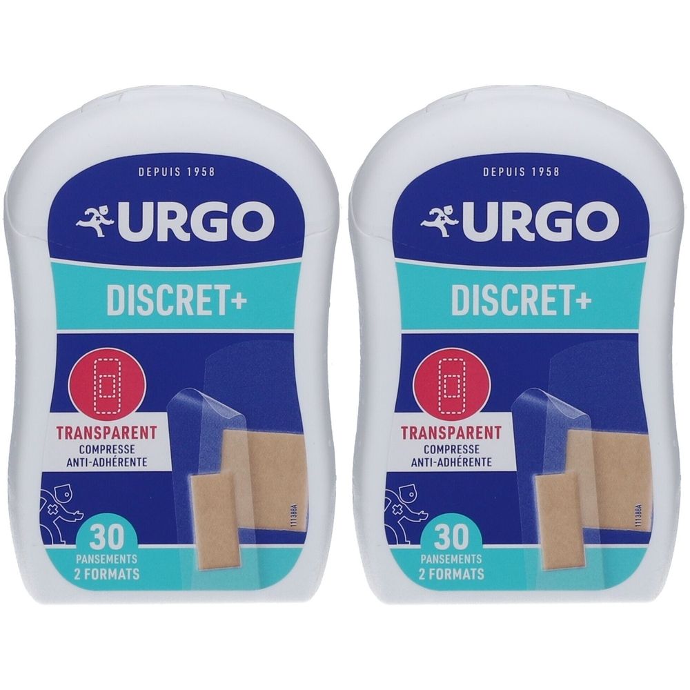 Deux boîtes de pansements URGO DISCRET+. Transparents, anti-adhérents. Contient 30 pansements en 2 formats.
