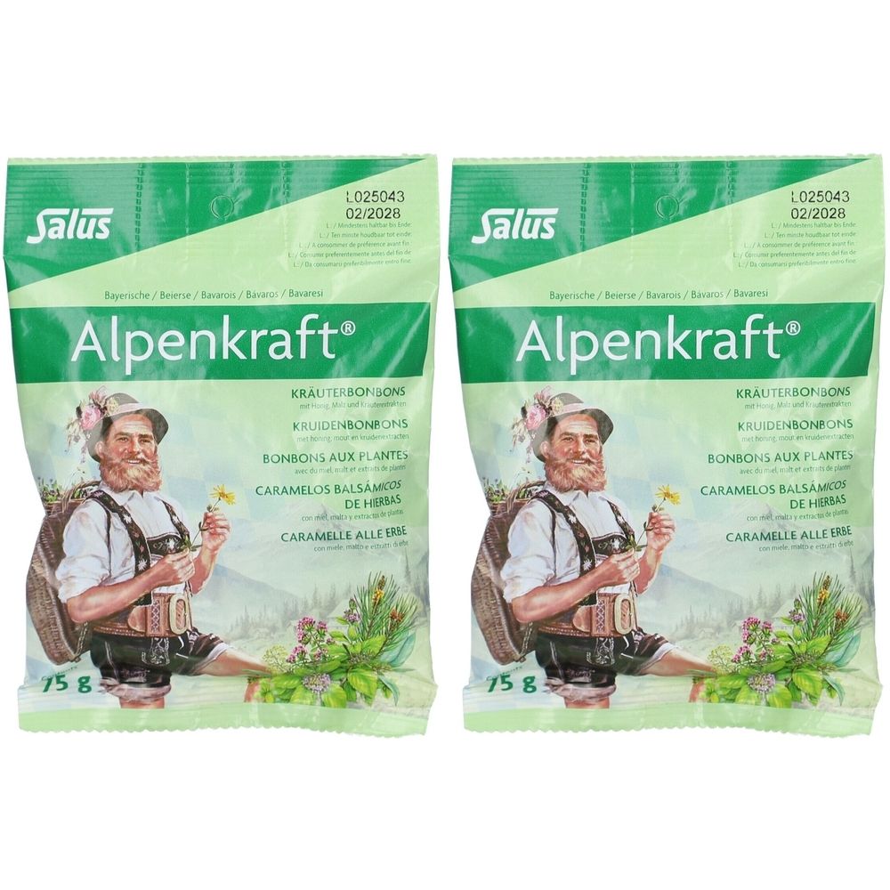 Deux sachets de bonbons aux plantes Alpenkraft. Emballage vert et blanc avec l'image d'un homme. Texte: Salus, Alpenkraft, bonbons aux plantes.