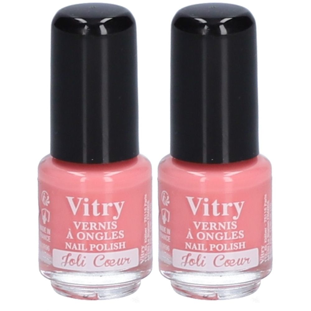 Deux flacons de vernis à ongles avec bouchon noir. Inscription : Vitry, Vernis à Ongles, Nail Polish, Joli Coeur. Teinte rose.