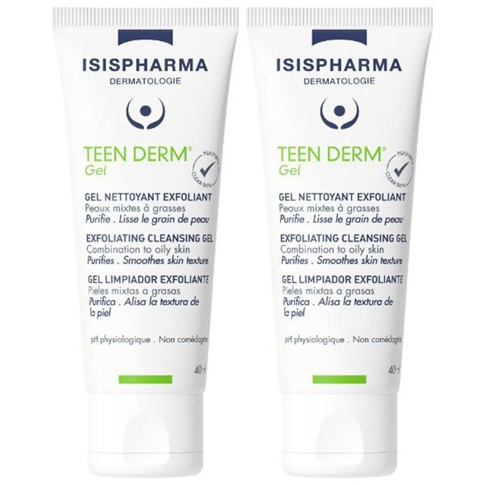 Deux tubes de Teen Derm Gel. Tubes blancs avec texte vert et noir. Contient du texte en plusieurs langues. Marque : ISISPHARMA.