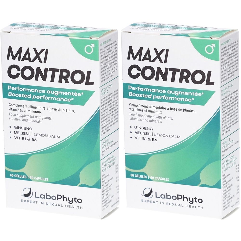 Deux boîtes blanches "MAXI CONTROL". Texte: "Performance augmentée", "Boosted performance". Ingrédients. Marque: LaboPhyto. 60 gélules.