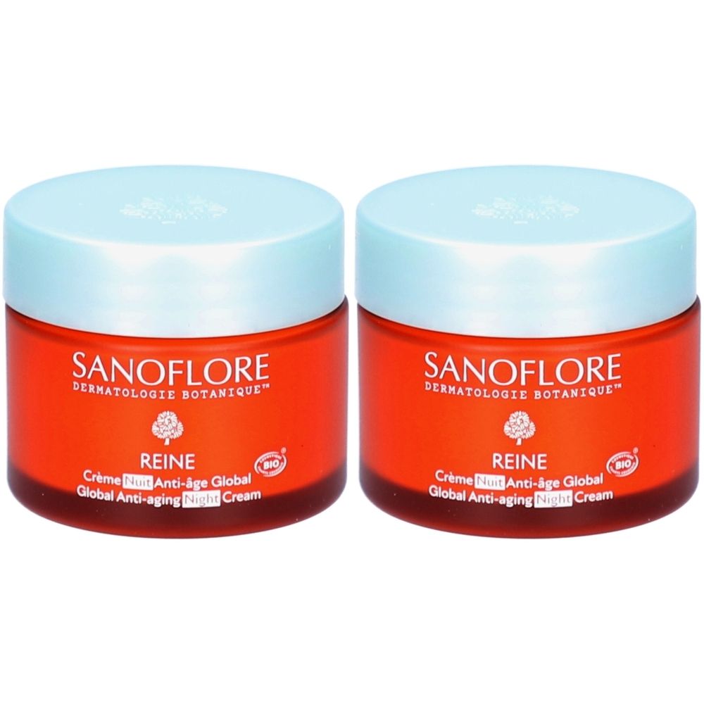 Deux pots de crème avec couvercles bleu clair et pots rouges. Inscription: SANOFLORE, REINE, Crème Nuit Anti-Âge Global. Label bio.