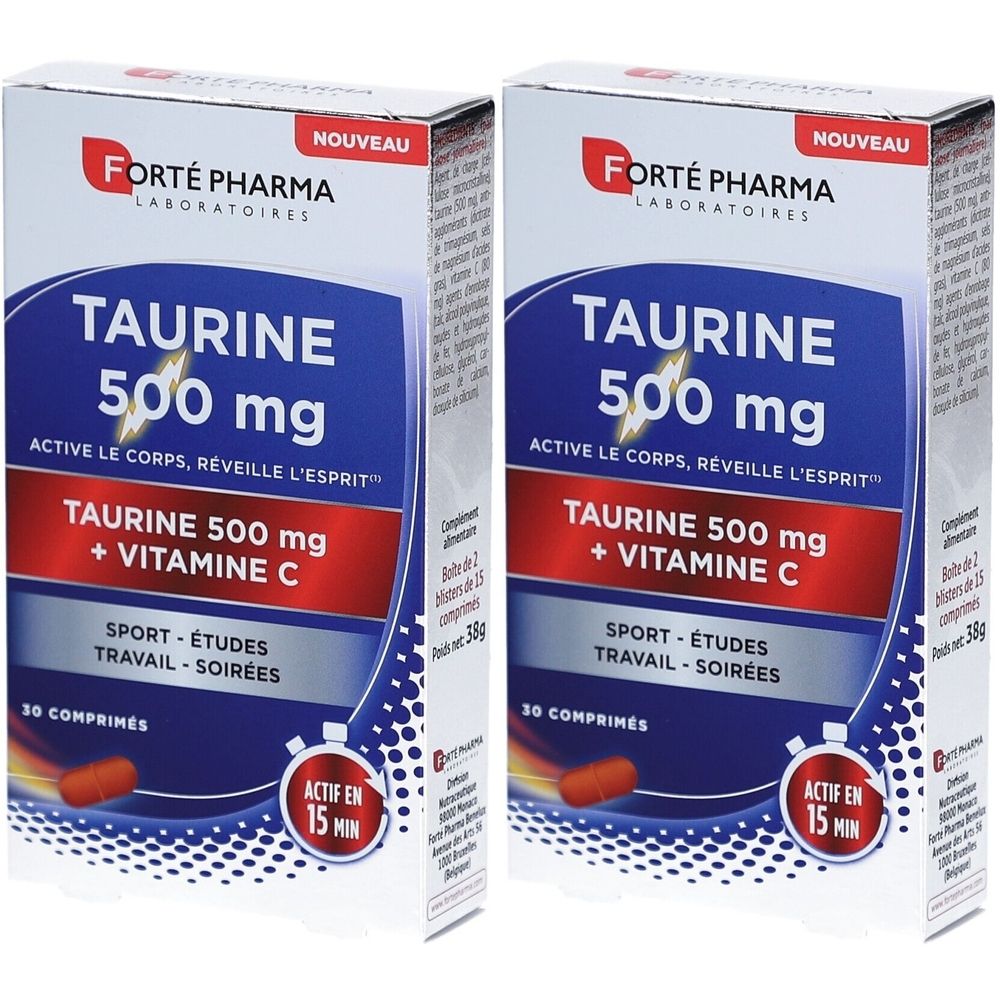 Deux boîtes de "TAURINE 500 mg + VITAMINE C". Contient 30 comprimés. Marque: FORTÉ PHARMA. Mention "NOUVEAU".