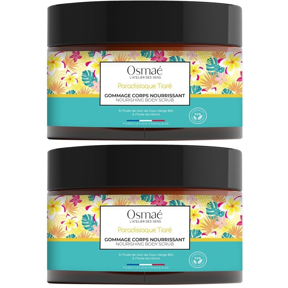 Deux pots de gommage corporel OSMAE Paradisiaque Tiaré. Couvercles noirs, étiquette avec motif floral et nom du produit.