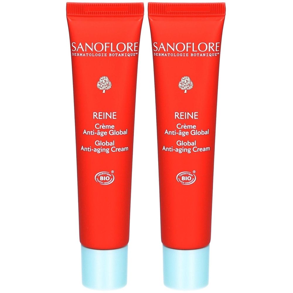 Deux tubes rouges avec bouchons bleus. Inscriptions : "SANOFLORE", "REINE Crème Anti-âge Global" et "BIO".