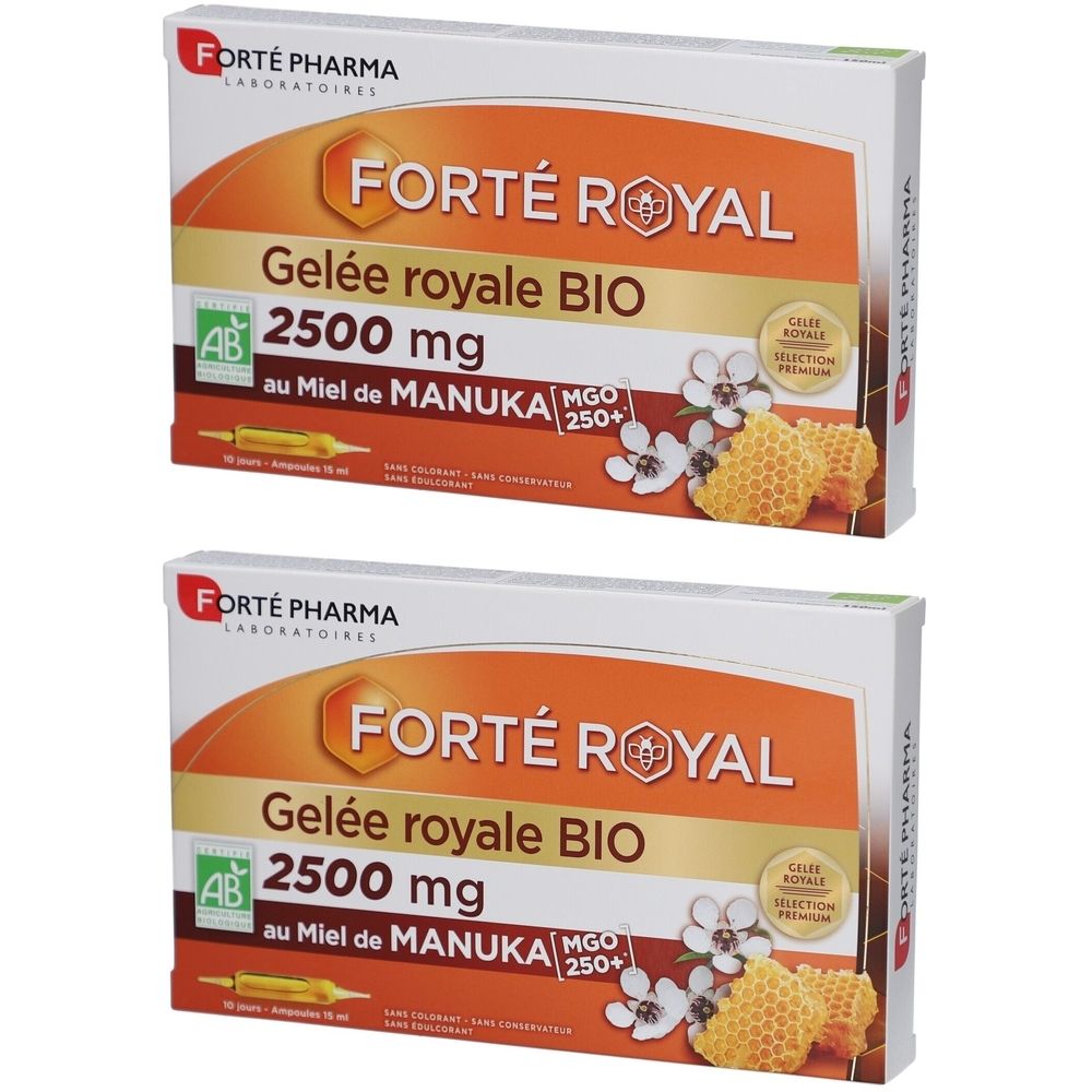 Deux boîtes de produit. Inscription: FORTÉ ROYAL, Gelée royale BIO 2500 mg, au Miel de MANUKA. Illustrations de rayons de miel et de fleurs.