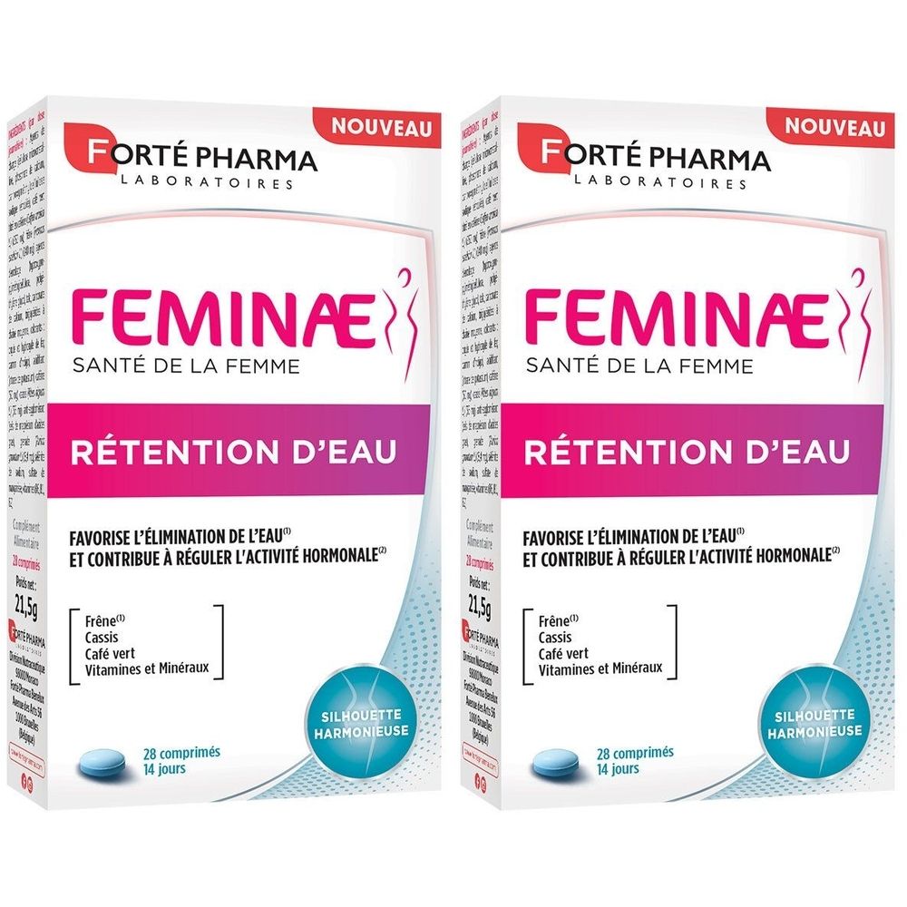 Deux boîtes de Feminae Rétention d'Eau. Boîte blanche avec texte rose et violet. Contient 28 comprimés. Marque: Forté Pharma.