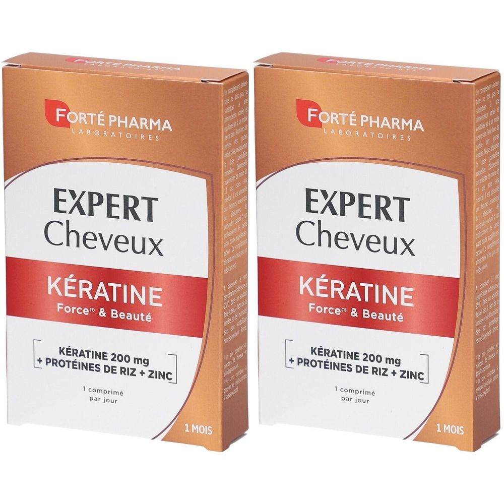 Deux boîtes de FORTE PHARMA Expert Cheveux Kératine. Inscription: Expert Cheveux, Kératine, 200 mg kératine, protéines, zinc.