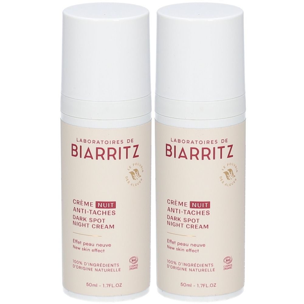 Deux flacons de crème de nuit. Inscription: LABORATOIRES DE BIARRITZ, Crème Nuit Anti-Taches, Dark Spot Night Cream. 50ml.