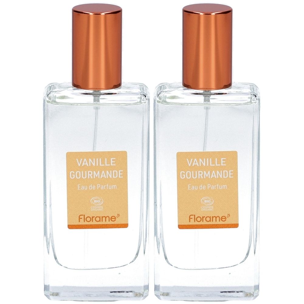 Deux flacons rectangulaires en verre avec bouchons cuivrés. Étiquettes : Vanille Gourmande Eau de Parfum. Marque Florame.