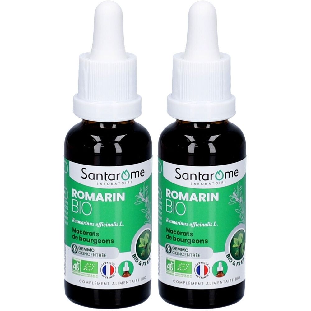 Deux flacons en verre brun avec bouchon blanc. Étiquette verte avec "ROMARIN BIO" et le nom de la marque "Santarome".