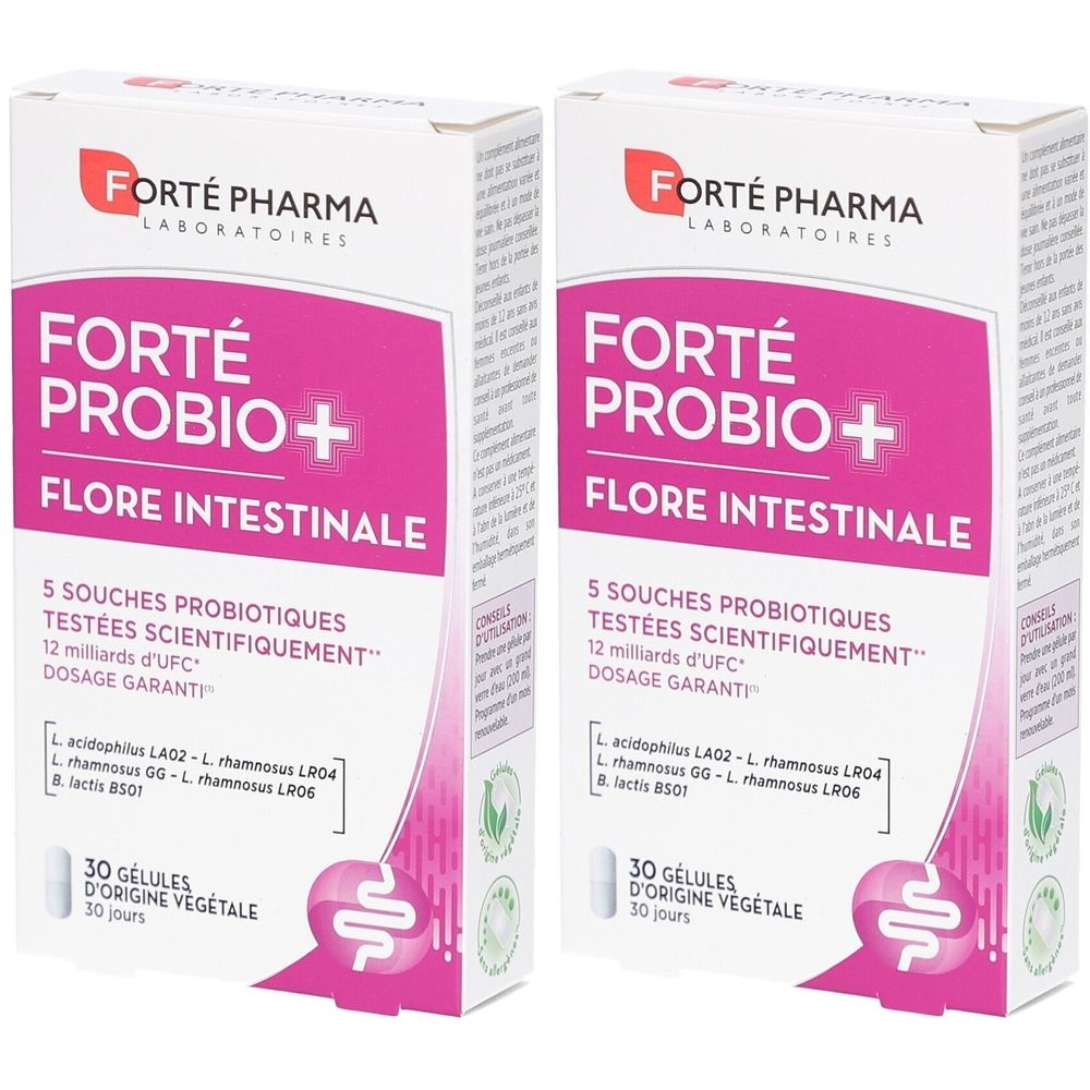 Deux boîtes de Forté Probio+ Flore Intestinale. Blanches avec un encadré rose. Texte: Forté Pharma, Probio+, 30 gélules.