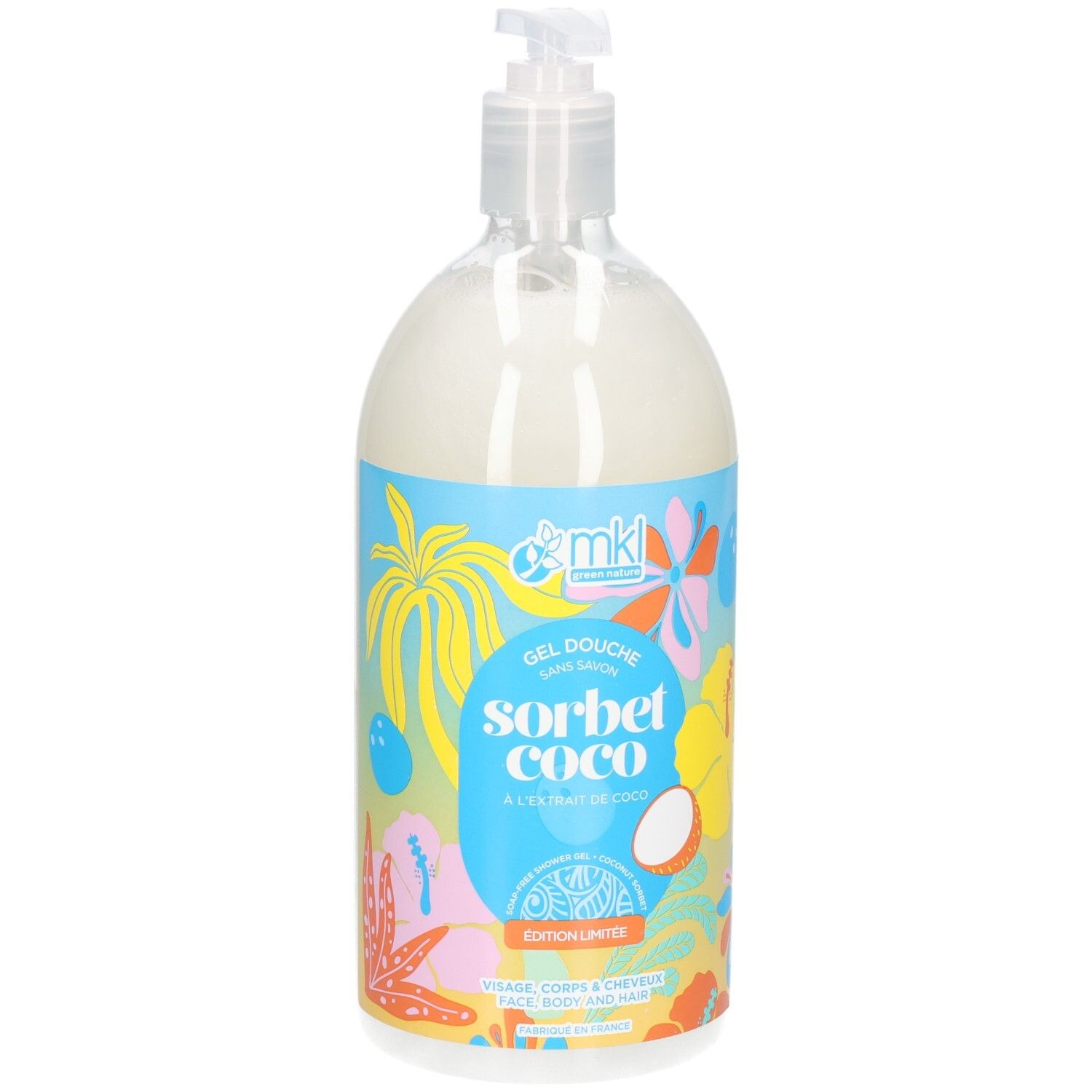 MKL Gel douche Sorbet Coco à l'extrait de coco dans une bouteille transparente avec pompe.