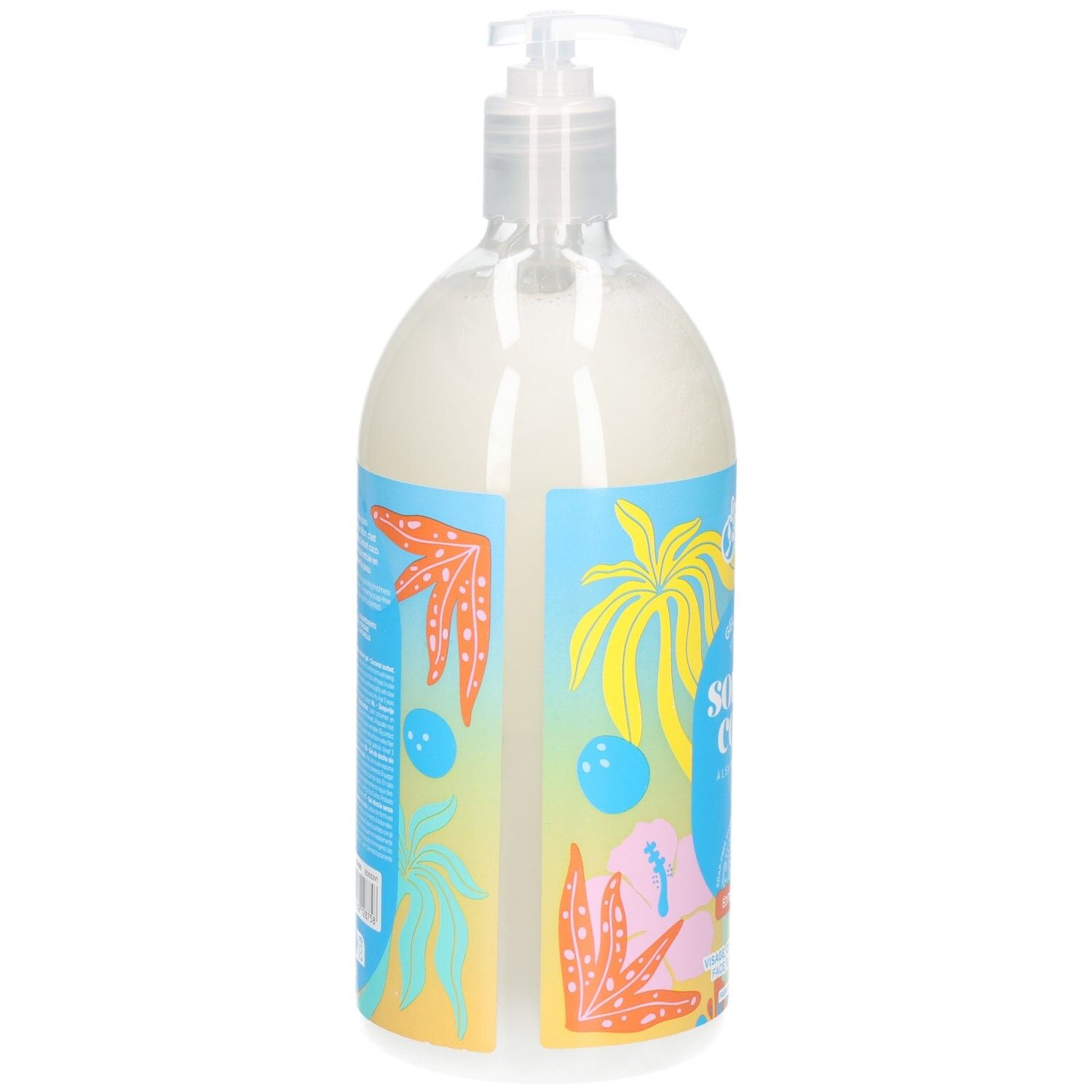 Arrière de la bouteille MKL Gel douche Sorbet Coco avec informations détaillées sur le produit et design tropical.