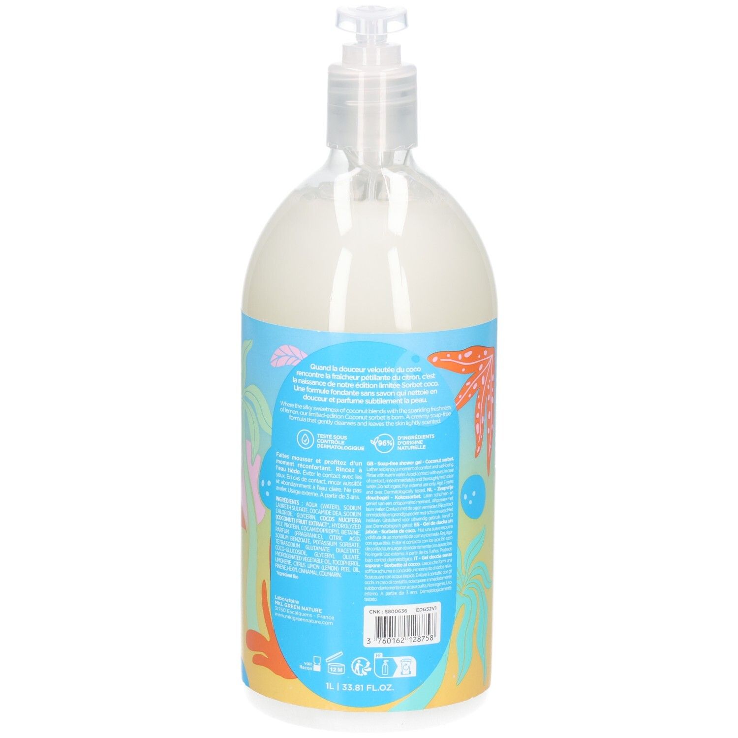 Arrière de la bouteille MKL Gel douche Sorbet Coco avec informations produit, logos et design tropical.
