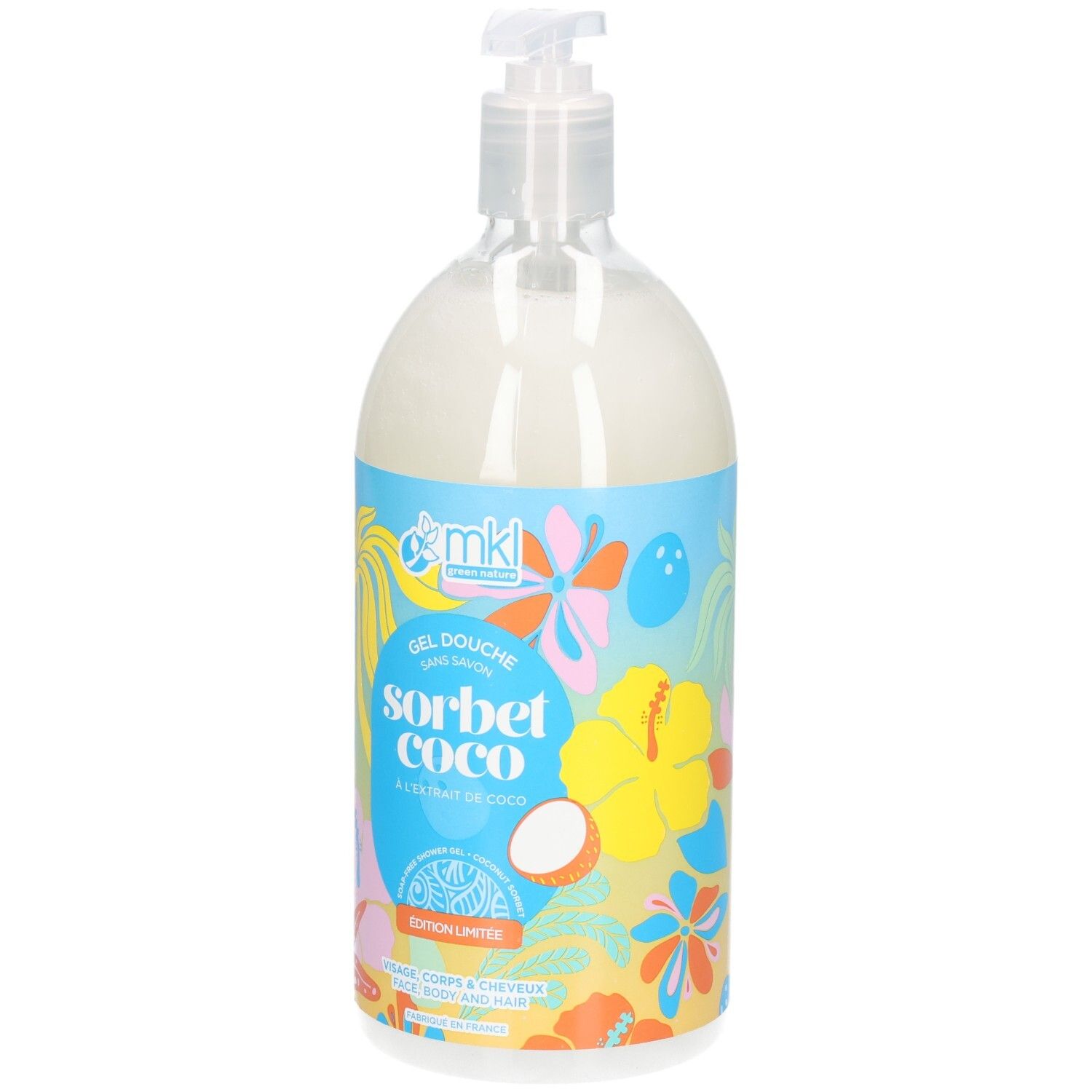 MKL Gel douche Sorbet Coco à l'extrait de coco dans une bouteille transparente avec pompe et étiquette tropicale.