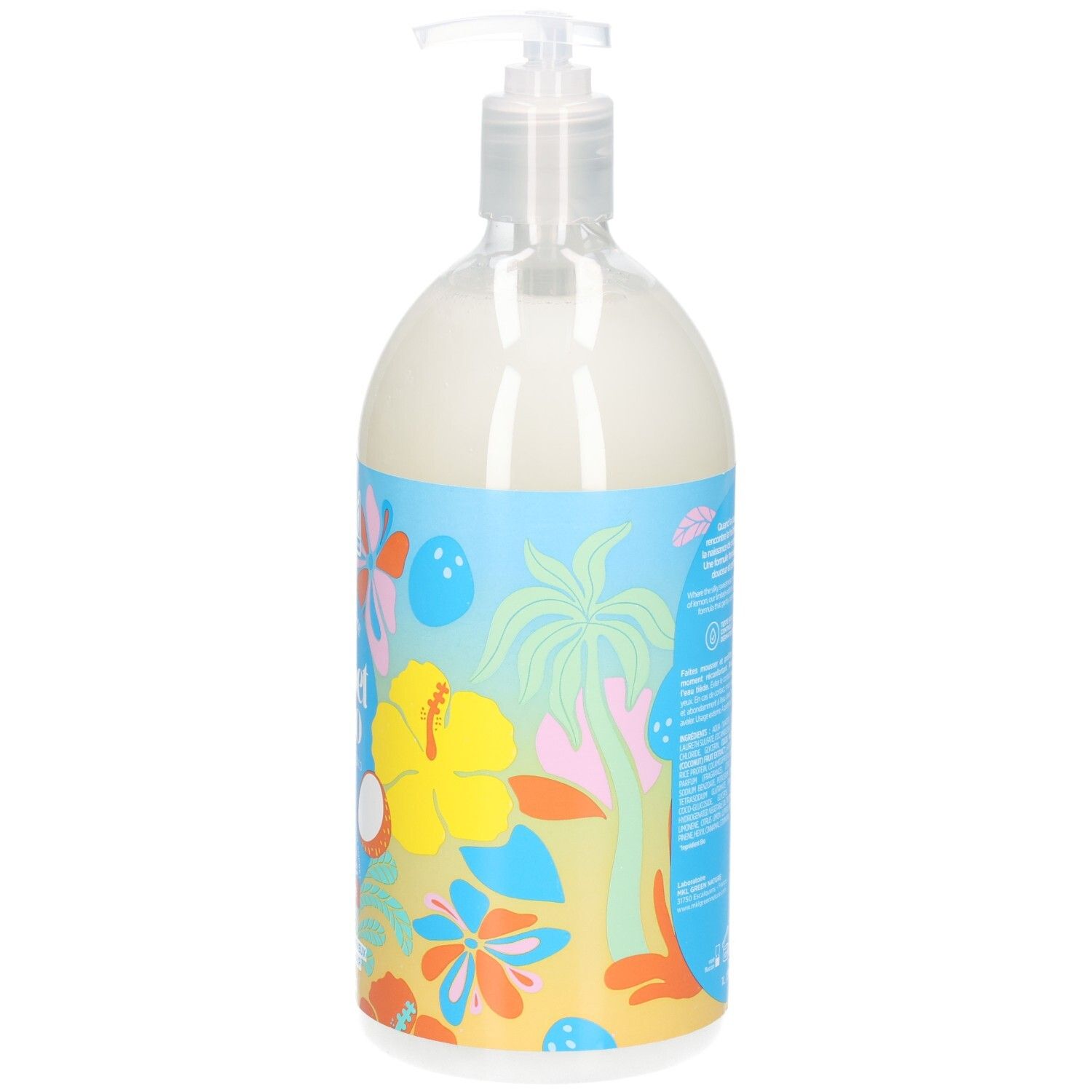 Côté de la bouteille MKL Gel douche Sorbet Coco avec design tropical et informations produit.