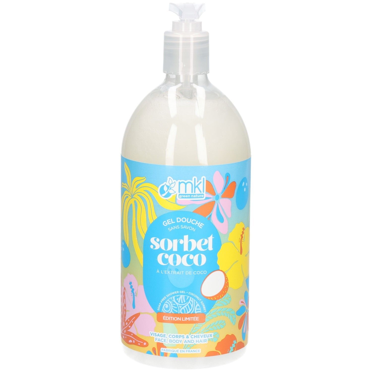 MKL Gel douche Sorbet Coco à l'extrait de coco dans une bouteille transparente avec pompe, design tropical.