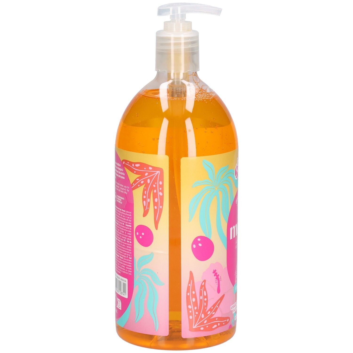 Flacon transparent de gel orange. Inscriptions au dos. Avec pompe doseuse.