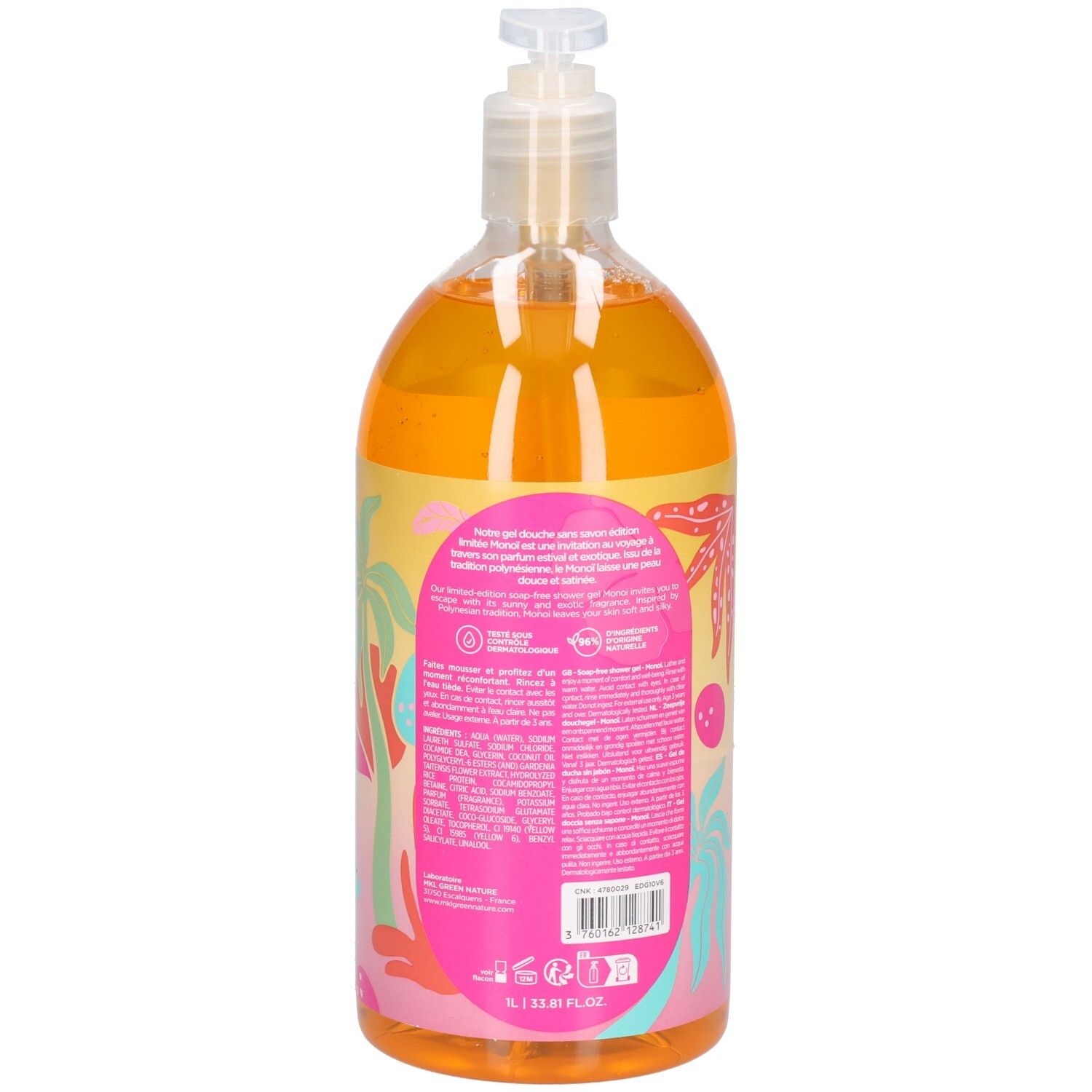 Dos du flacon transparent de gel orange. Texte et logos. Avec pompe doseuse.