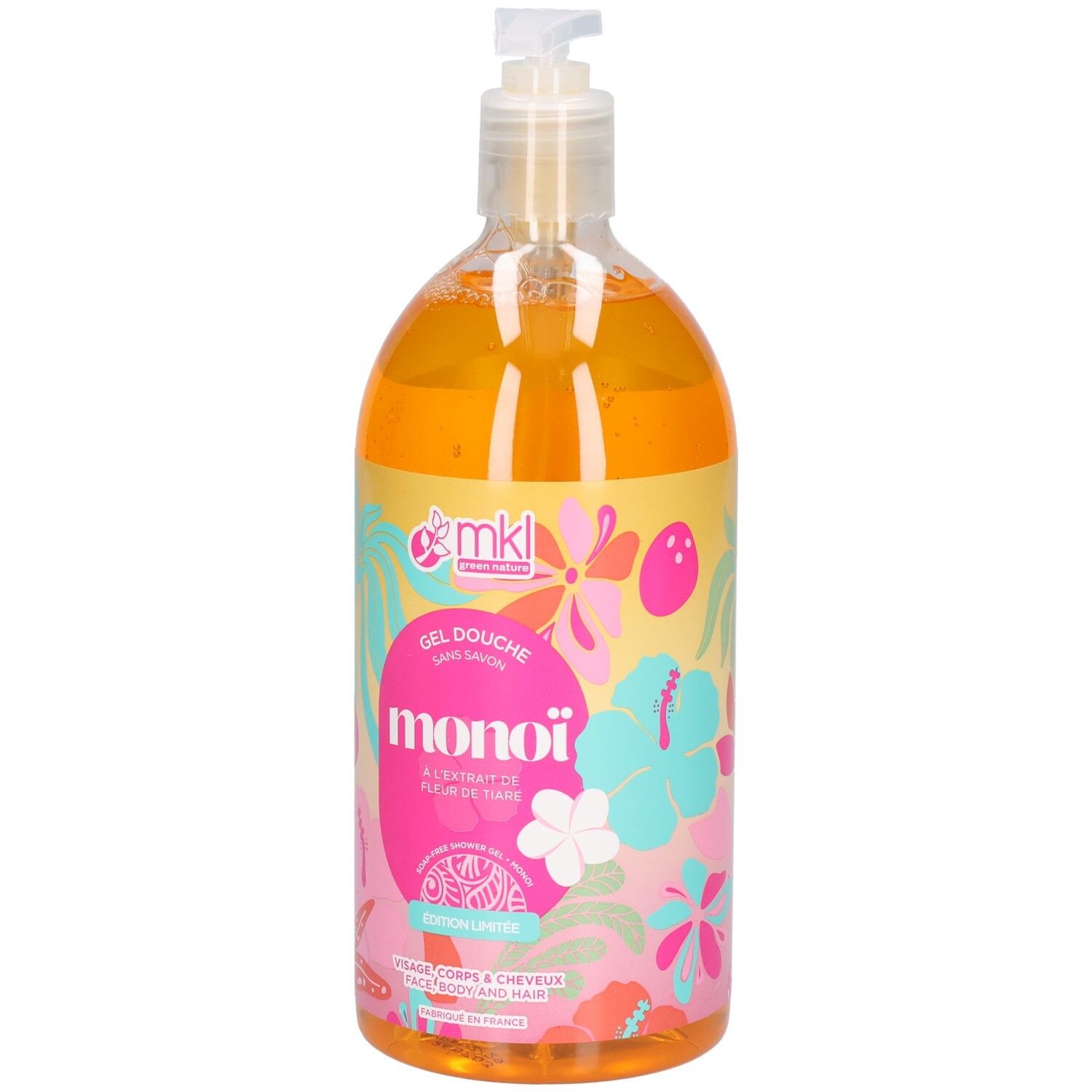 Flacon transparent de gel orange. Inscriptions: MKL, Monoi, Gel Douche. Avec pompe doseuse.