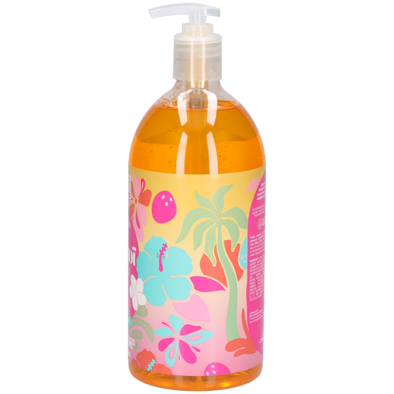 Flacon transparent de gel orange. Inscriptions: MKL, Monoi, Gel Douche. Avec pompe doseuse.
