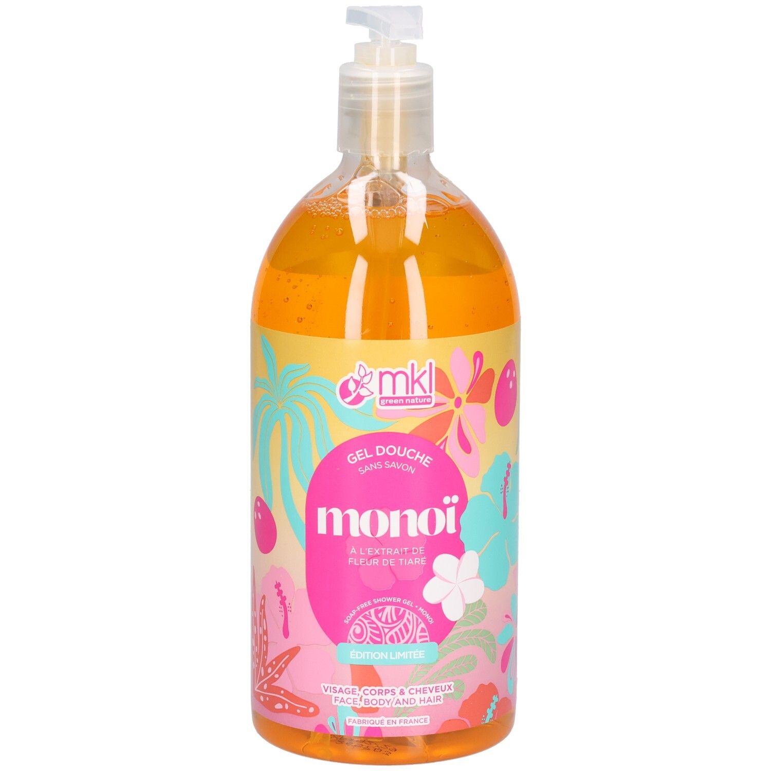 Flacon transparent de gel orange. Inscriptions: MKL, Monoi, Gel Douche. Avec pompe doseuse.