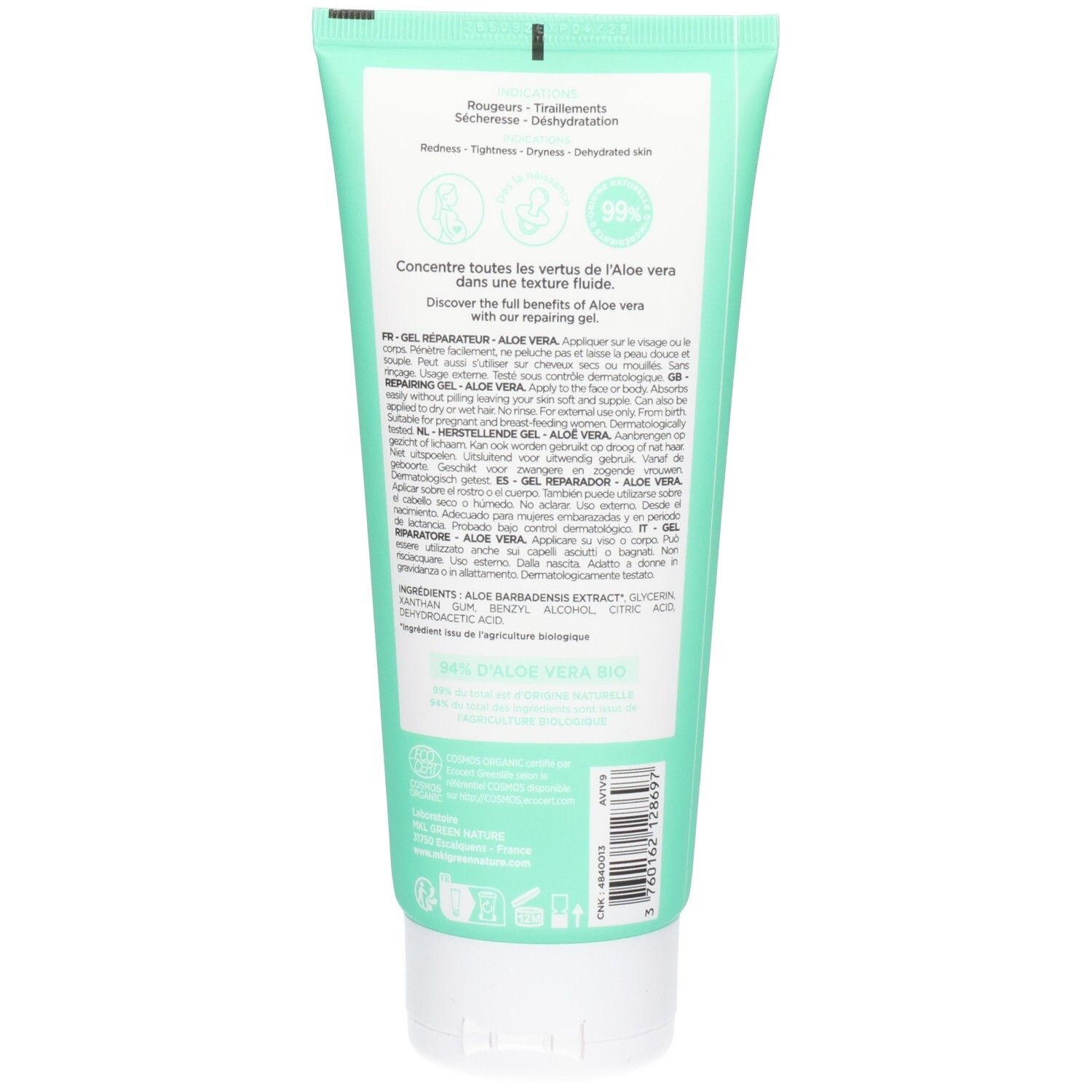 Arrière du tube de Gel MKL Aloe Vera avec ingrédients et instructions.