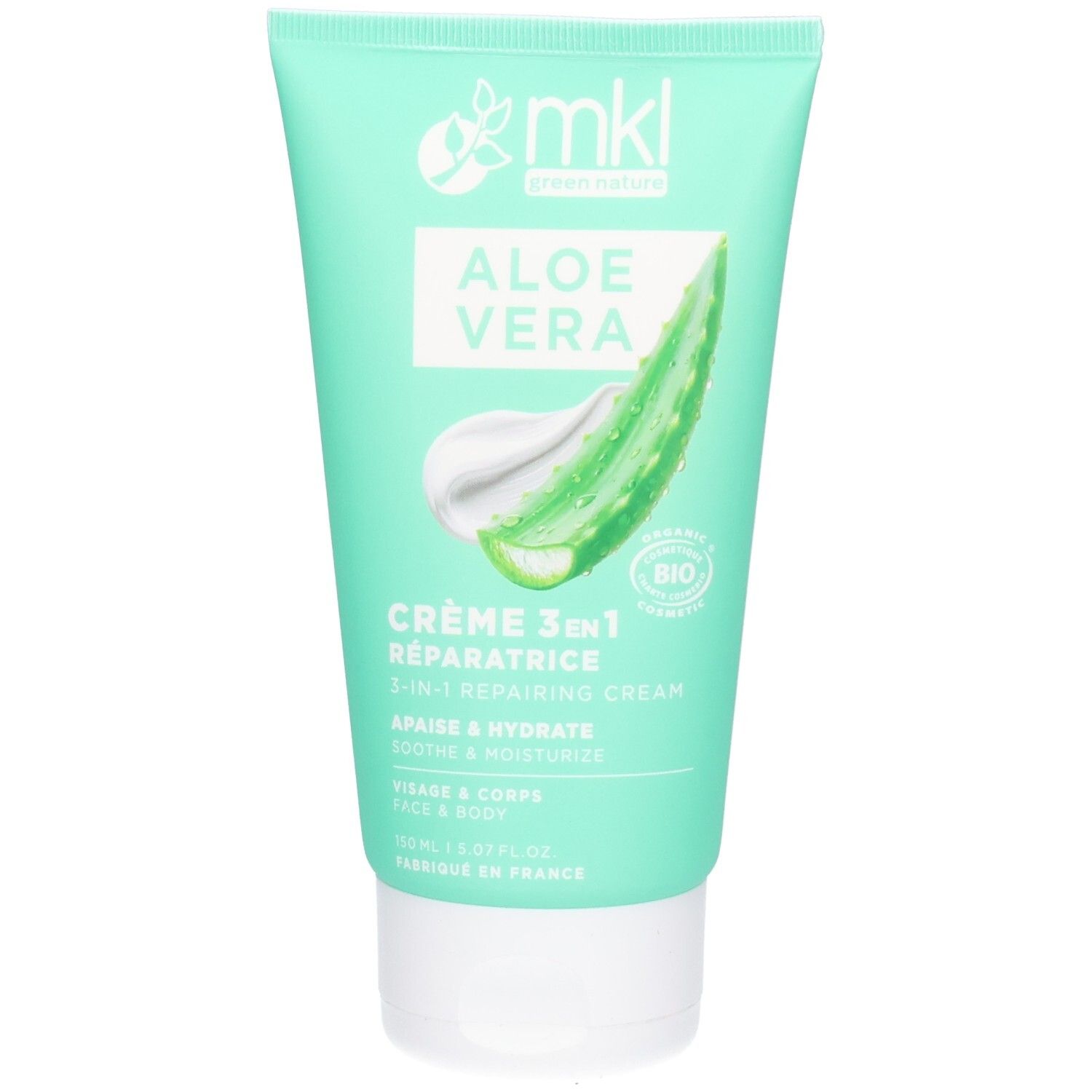 Tube de crème MKL CR REPARAT ALOE VERA BIO 150ML. Vue de face avec feuille d'aloès et texte.
