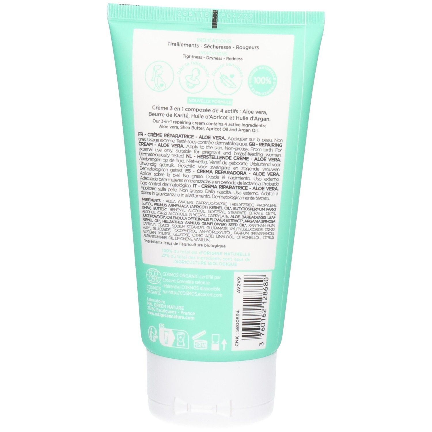 Arrière du tube de crème MKL CR REPARAT ALOE VERA BIO 150ML avec ingrédients et code-barres.