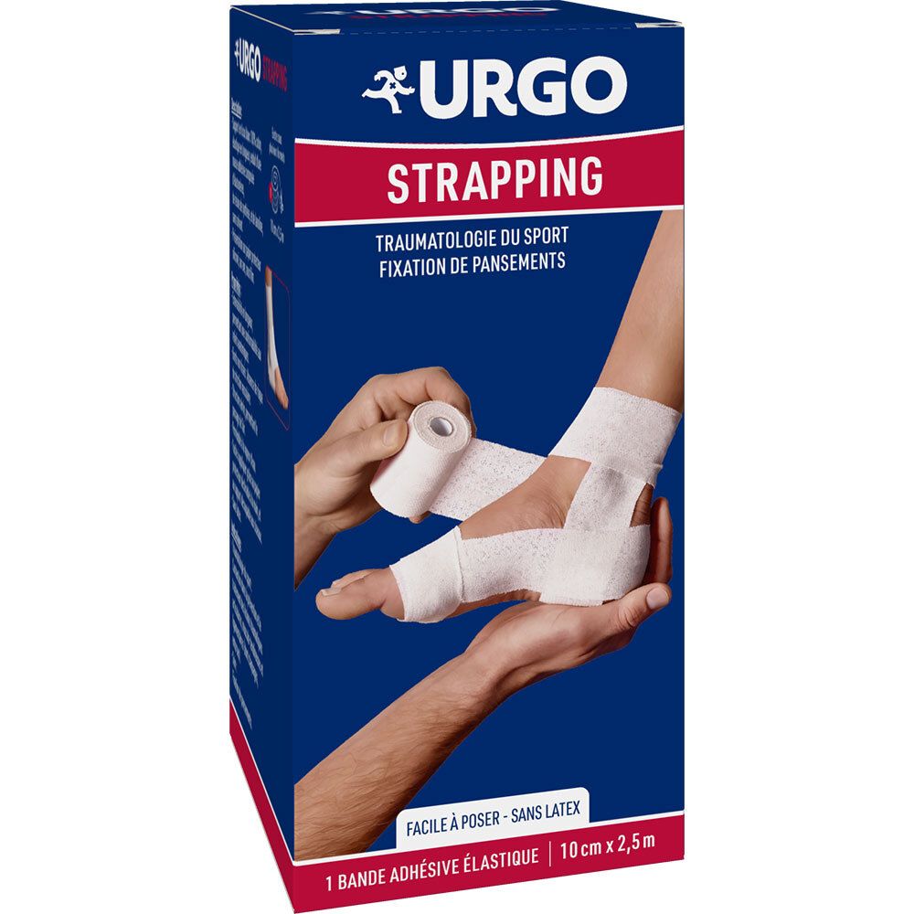 Boîte bleue et blanche URGO Strapping. Une main enveloppe un pied avec un bandage élastique. Texte : 10 cm x 2,5 m.