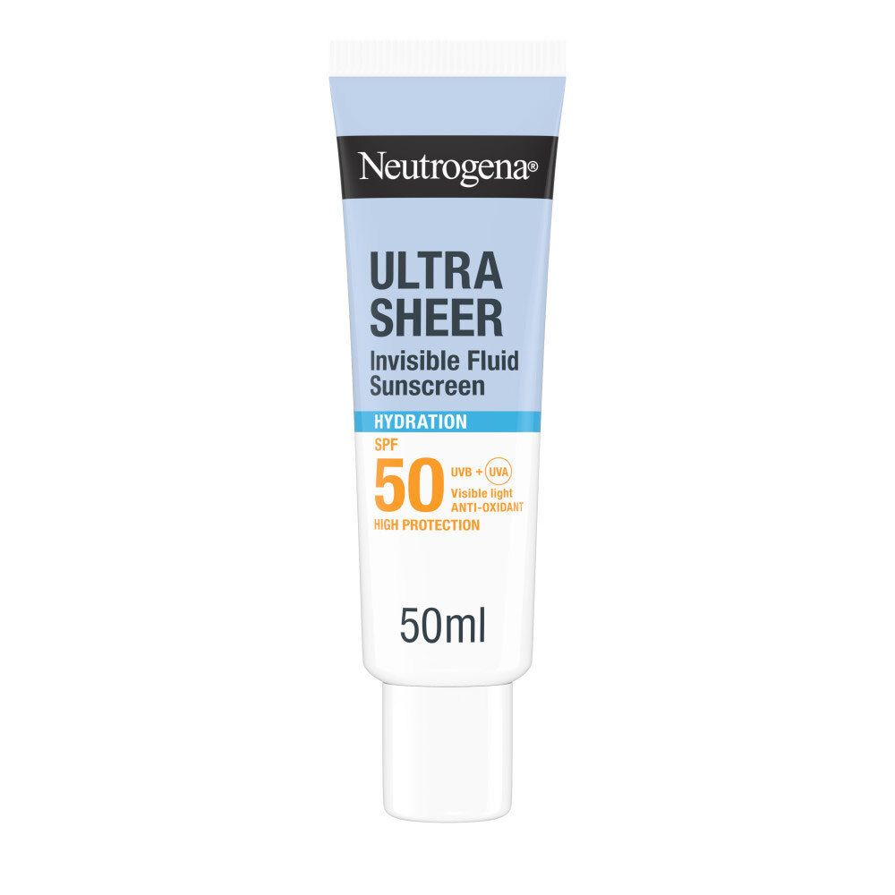 Tube de Neutrogena Ultra Sheer Fluide Invisible Hydratation SPF50. Bleu et blanc. 50ml.