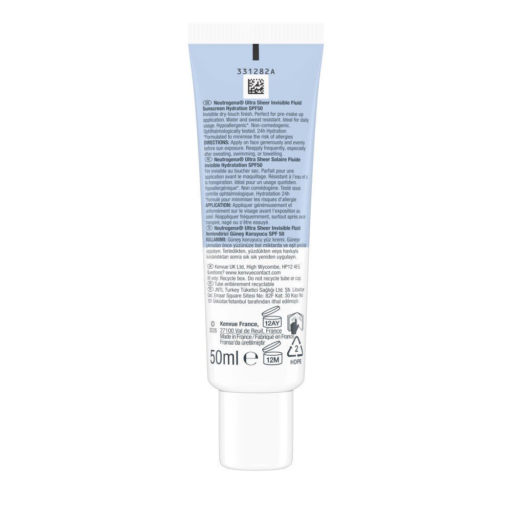 Dos du tube Neutrogena Ultra Sheer Fluide Invisible Hydratation SPF50. Texte multilingue. 50ml.