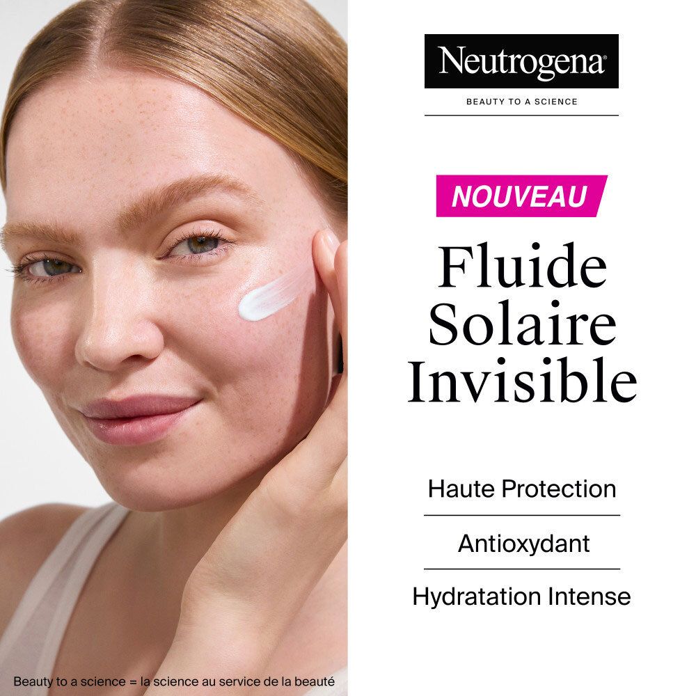 Femme appliquant de la crème solaire. Texte: Fluide Solaire Invisible, Haute Protection, Antioxydant, Hydratation Intense.