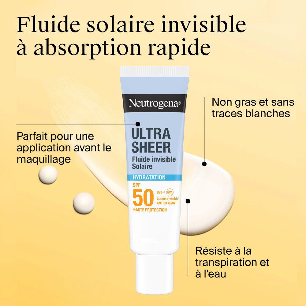 Neutrogena Ultra Sheer Fluide Invisible Hydratation SPF50. Texte: Fluide solaire invisible à absorption rapide. 50 SPF.