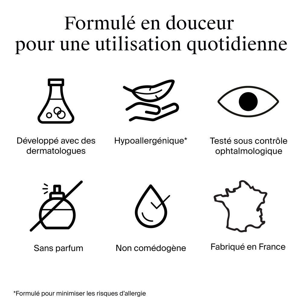 Symboles: Testé dermatologiquement, hypoallergénique, testé sous contrôle ophtalmologique, sans parfum, non comédogène, fabriqué en France.