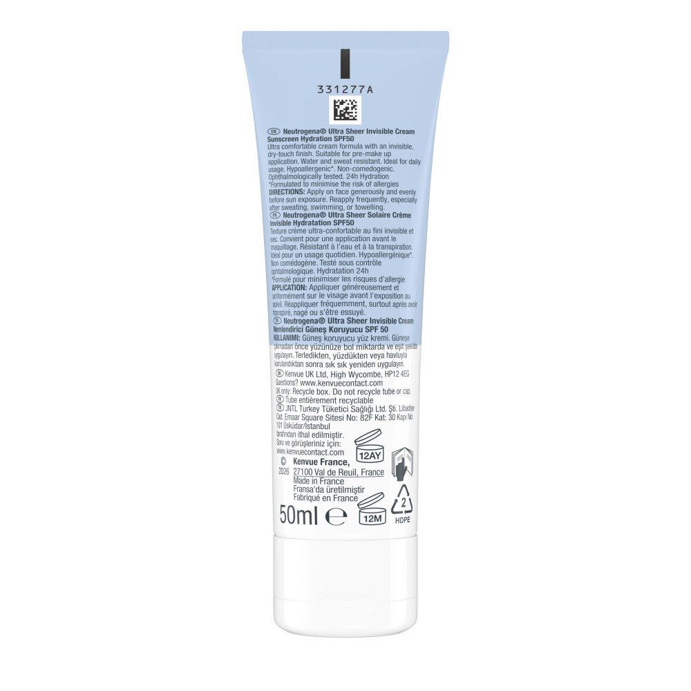 Dos du tube Neutrogena Ultra Sheer Solaire Crème Invisible Hydratation SPF50. Texte, ingrédients, 50ml, 12M.