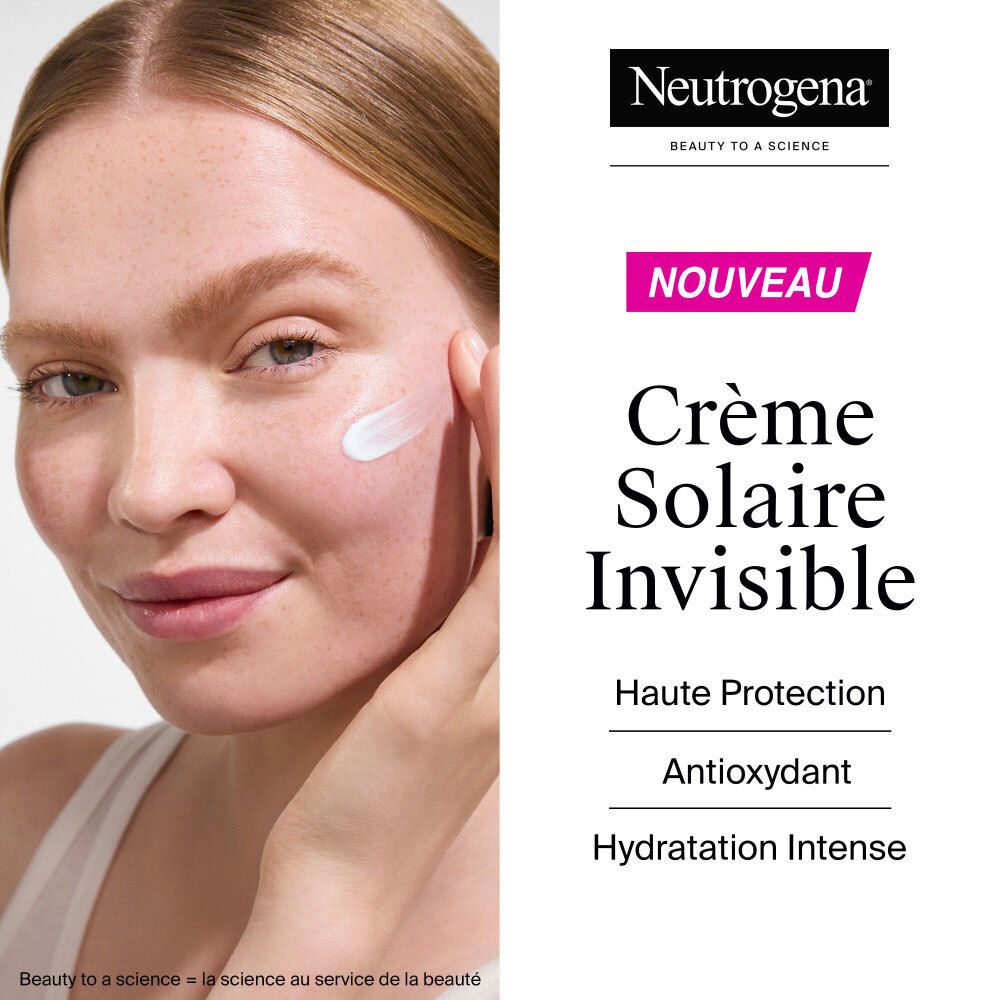Femme appliquant de la crème. Neutrogena Crème Solaire Invisible. Texte: Haute Protection, Antioxydant, Hydratation Intense.