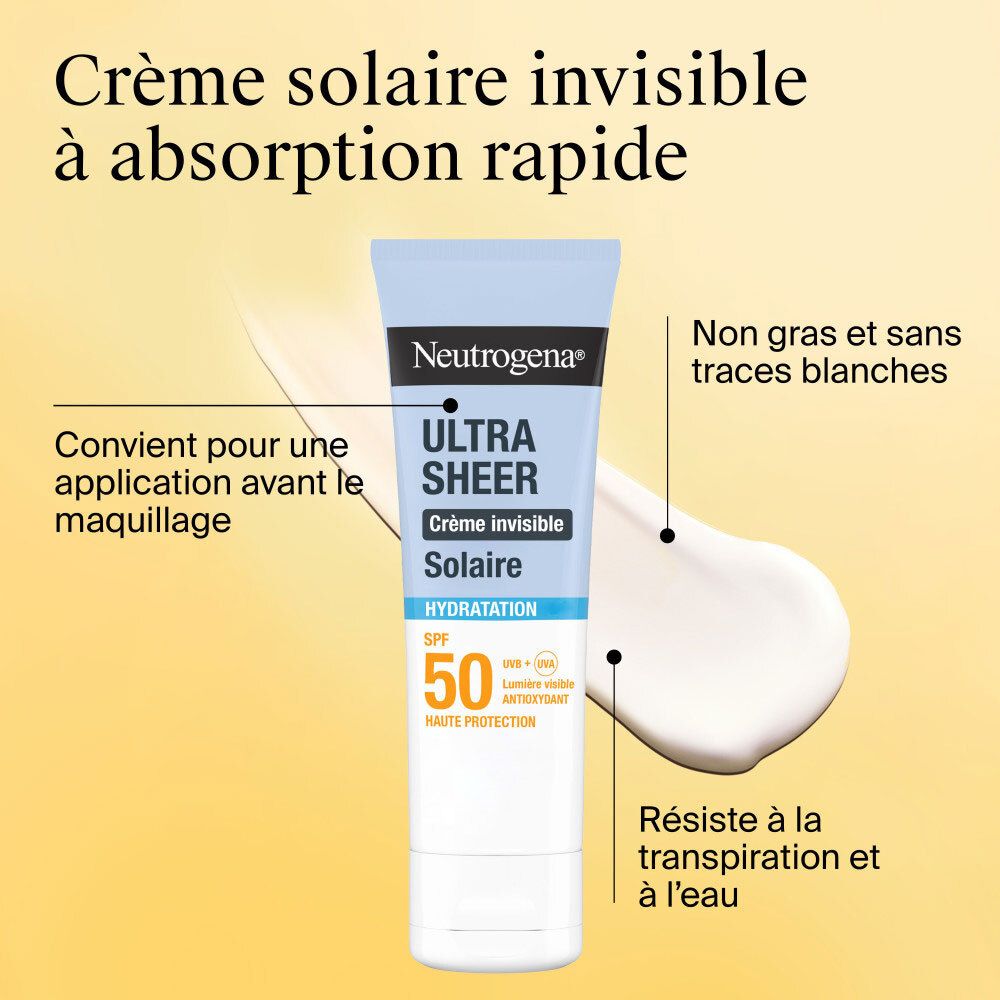 Neutrogena Ultra Sheer Solaire Crème Invisible Hydratation SPF50. Texte: SPF 50, non gras, résistant à l'eau.