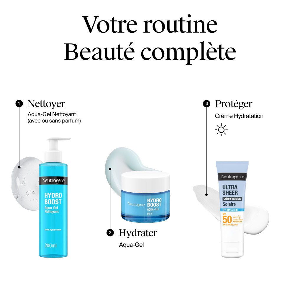 Neutrogena Hydro Boost. 3 produits: Nettoyant, Aqua-Gel, Ultra Sheer Solaire Crème Hydratation SPF50.