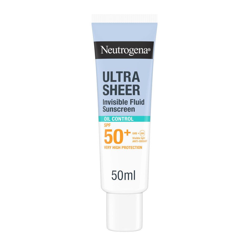 Tube Neutrogena Ultra Sheer Solaire Fluide Invisible Oil Control SPF50+. Bleu clair, blanc. Texte et SPF50+.