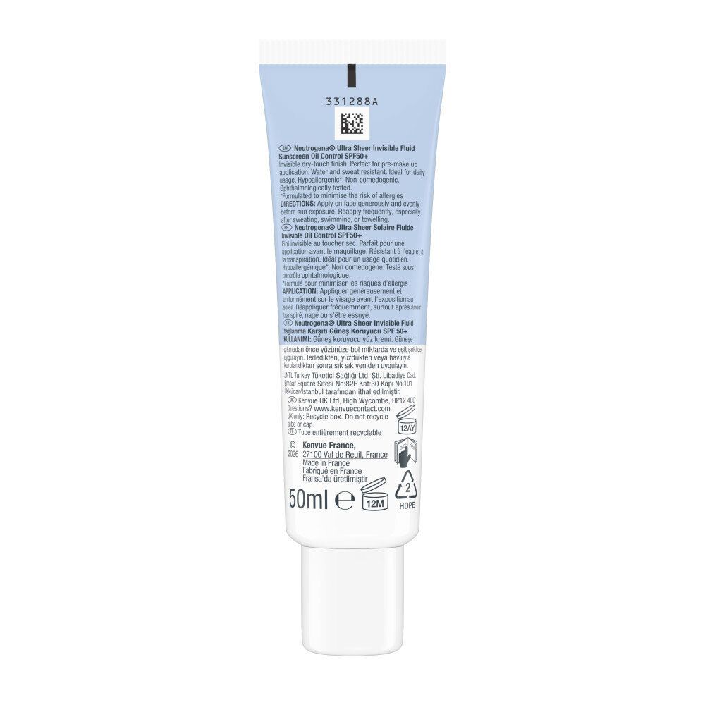 Dos du tube Neutrogena Ultra Sheer Solaire Fluide Invisible Oil Control SPF50+. Texte, 50ml, symbole de recyclage.