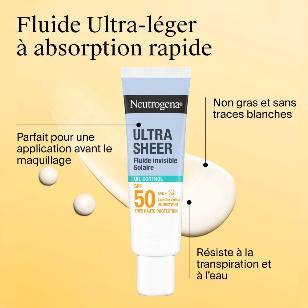 Tube Neutrogena Ultra Sheer Solaire Fluide Invisible SPF50+. Absorption rapide. Non gras, sans traces blanches. Résistant à l'eau.