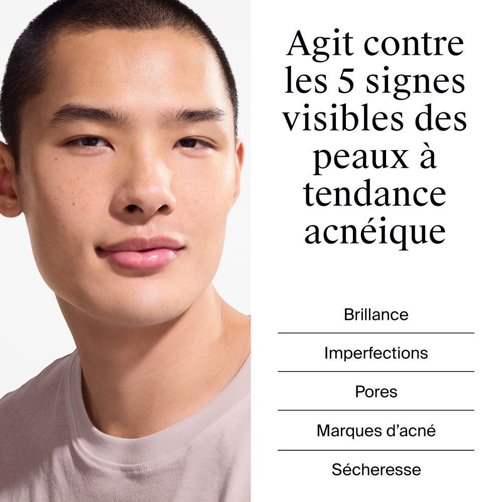 Homme. Agit contre 5 signes visibles des peaux à tendance acnéique: brillance, imperfections, pores, marques d'acné, sécheresse.