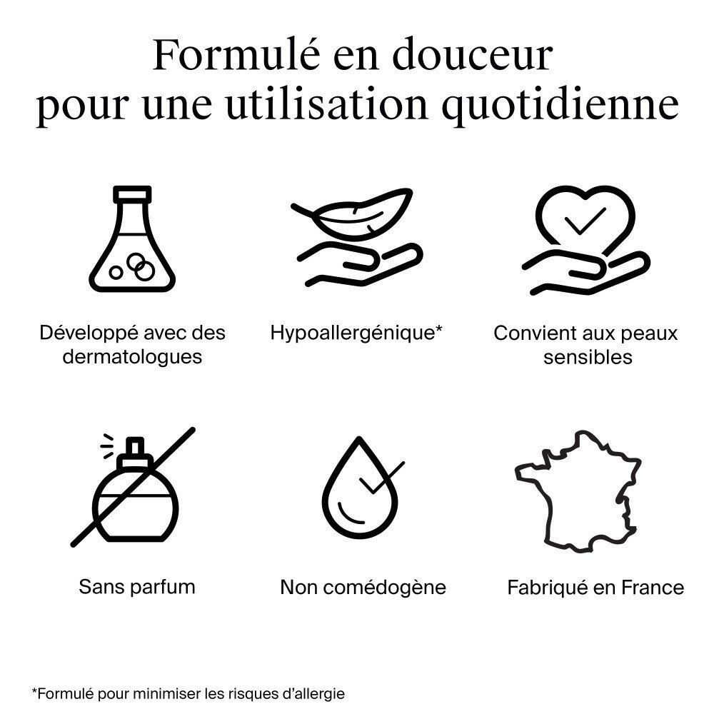 Symboles: Testé dermatologiquement, hypoallergénique, convient aux peaux sensibles, sans parfum, non comédogène, fabriqué en France.