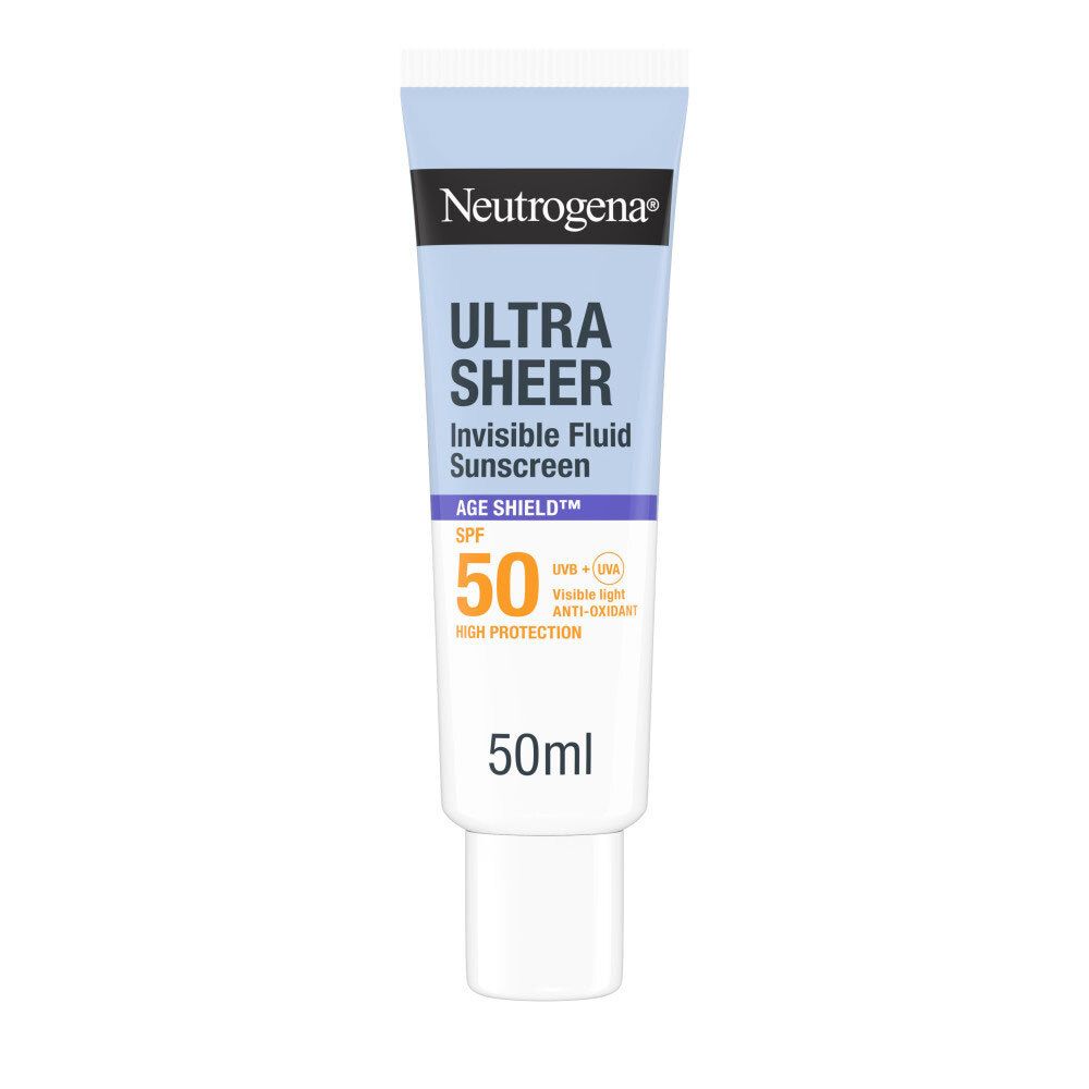 Neutrogena Ultra Sheer Solaire Fluide Invisible Anti-Âge SPF50. Tube bleu et blanc. 50ml.